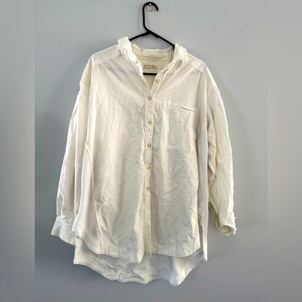 Free People Over Size Button Down Shirt Flannel Blouse Cotton White Cream Size M